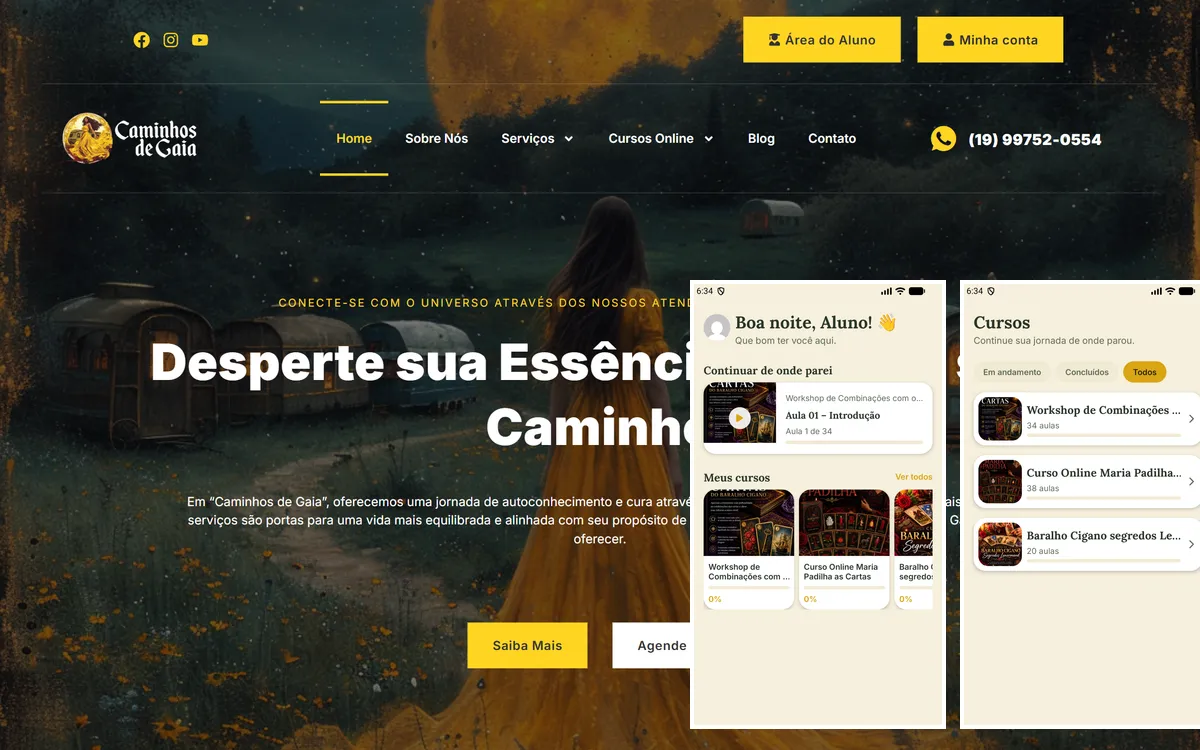Site público do Caminhos de Gaia e duas telas do aplicativo, em conta de teste: tela inicial e lista de cursos