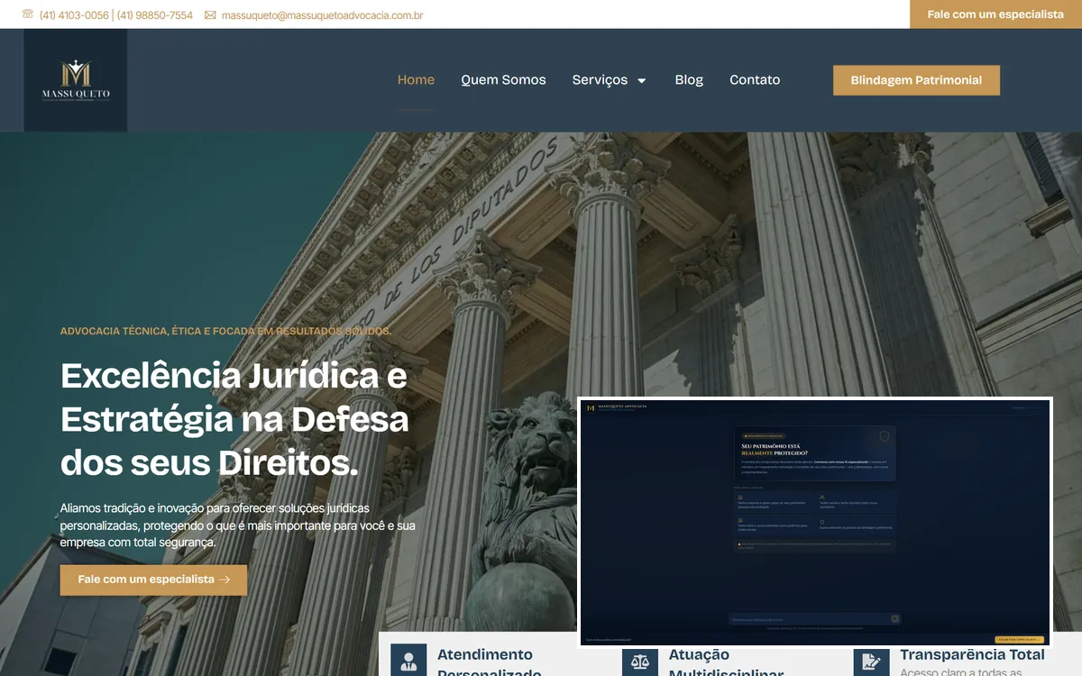 Site institucional da Massuqueto Advocacia e, sobreposta, a página de entrada do diagnóstico patrimonial com IA