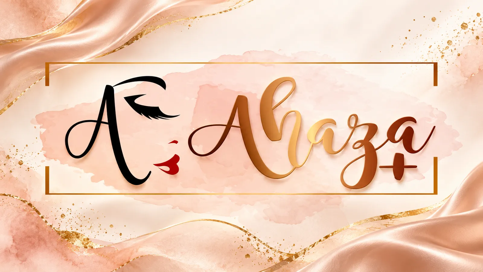 Logo da marca Ahaza+ em lettering sobre fundo de aquarela rosada e dourada