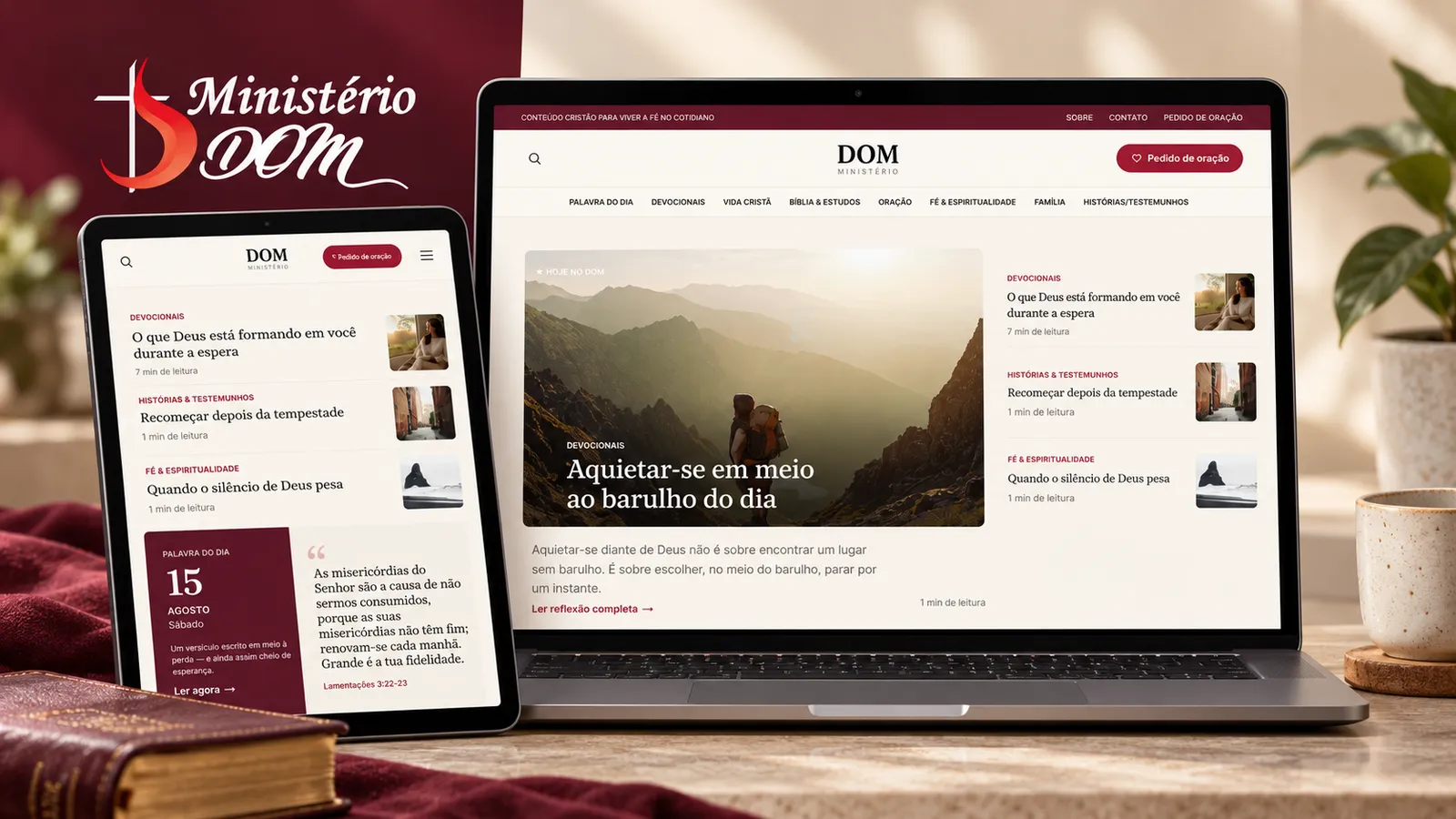 Ministério DOM: site de conteúdo cristão com devocionais e reflexões, em notebook e tablet