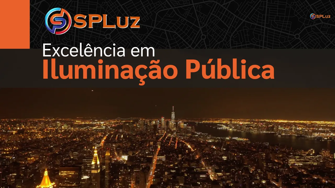 Vídeo institucional da Spluz: “Excelência em Iluminação Pública”, sobre vista noturna de uma cidade