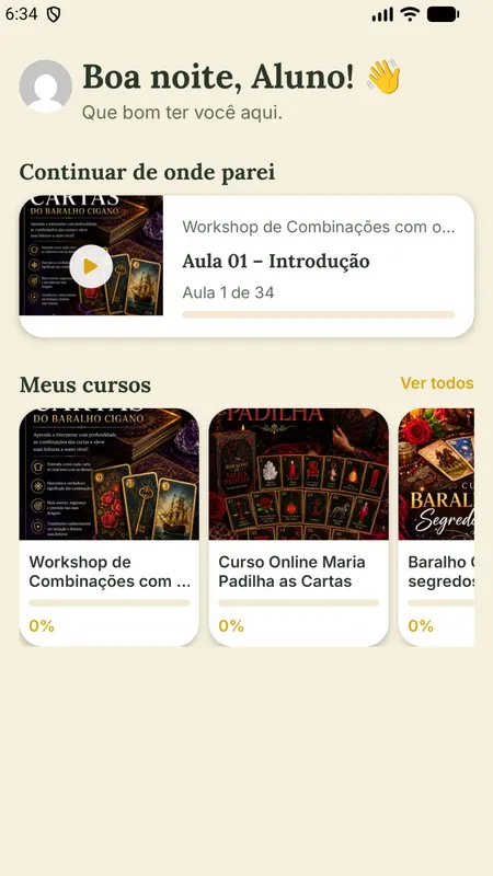 Aplicativo Caminhos de Gaia: tela inicial com cursos em andamento, em conta de teste