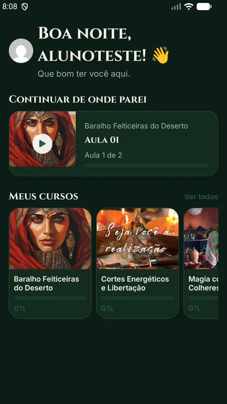 Aplicativo Tsara Kumpania Del Reinas: tela inicial com cursos, em conta de teste