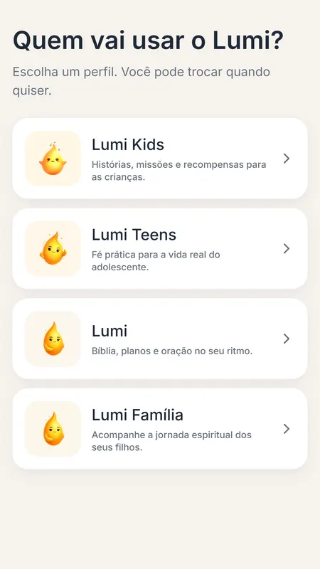 Lumi App, em desenvolvimento: escolha do perfil de uso