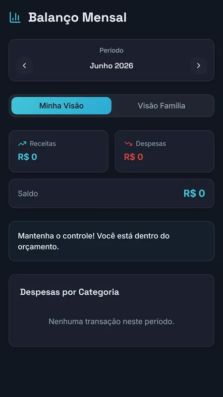 Fluxar+: balanço mensal com receitas, despesas e saldo