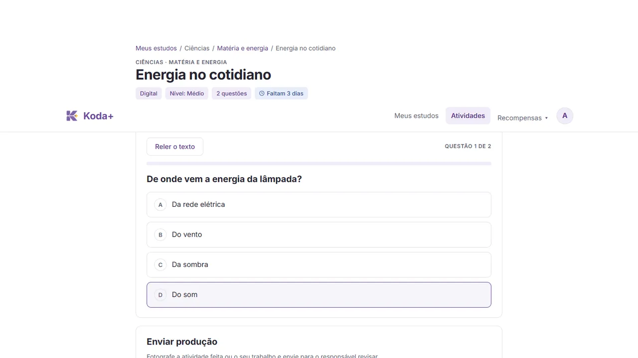 Koda+: atividade de múltipla escolha sobre energia no cotidiano