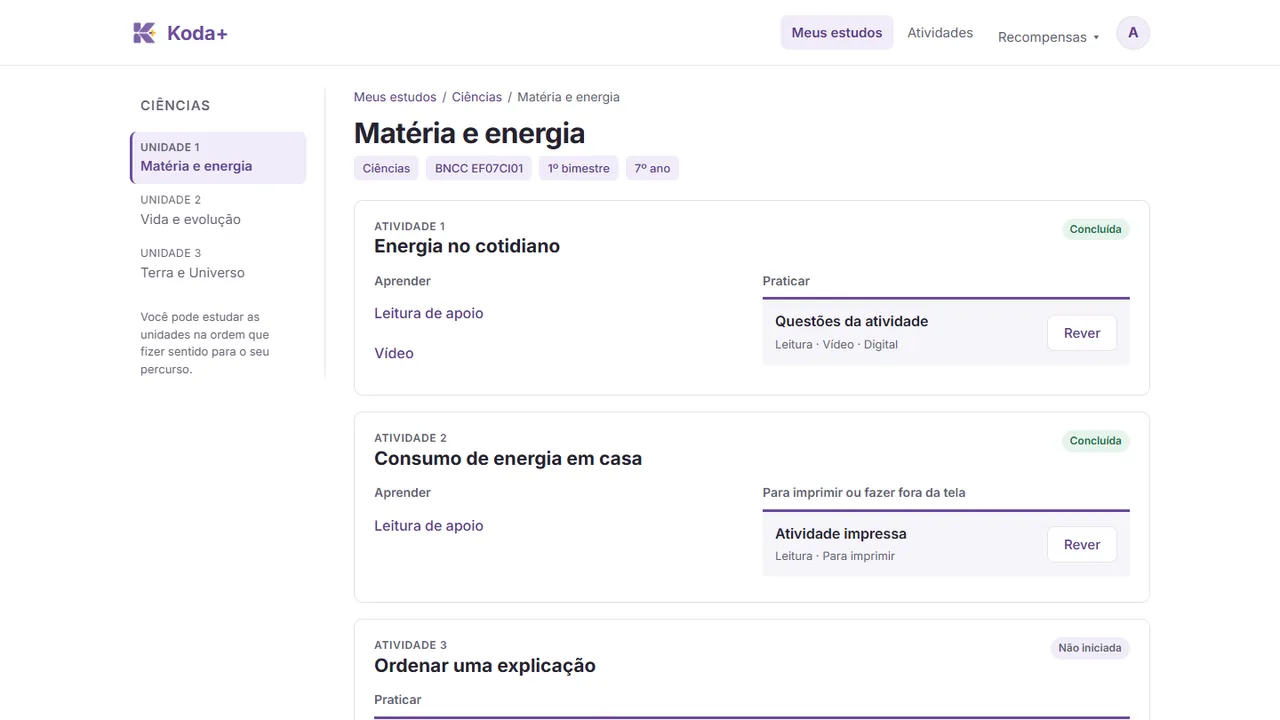 Koda+: unidade de Ciências com atividades e o status de cada uma