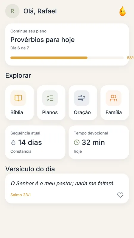 Lumi App: tela inicial do perfil adulto, com plano em andamento e versículo do dia