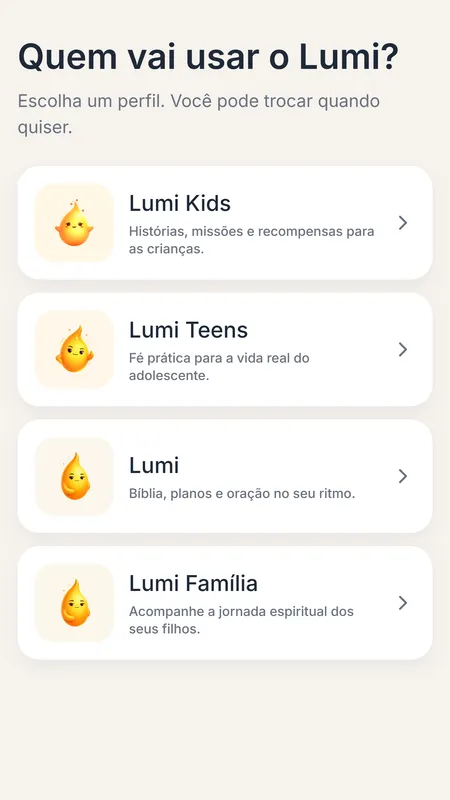 Lumi App: tela de escolha do perfil (Kids, Teens, Lumi e Família)