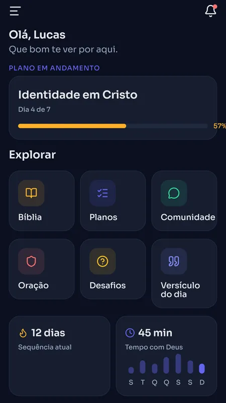 Lumi App: tela inicial em tema escuro, com planos, bíblia e oração