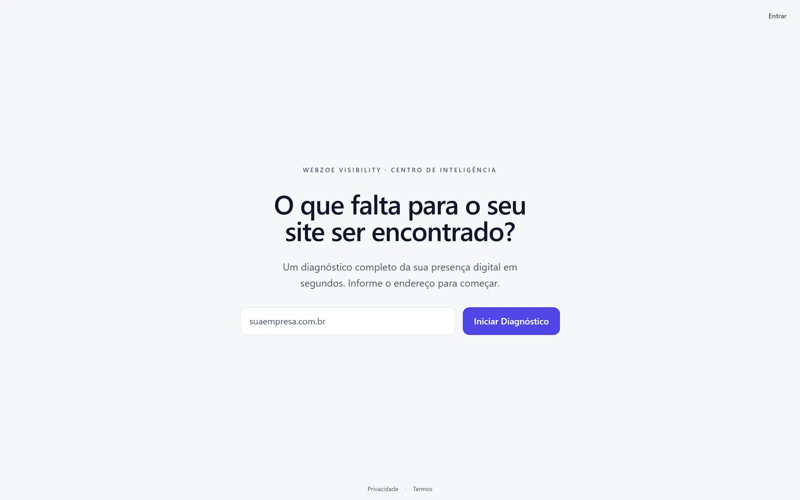 VEO (Webzoe Visibility): tela de entrada do diagnóstico da presença digital