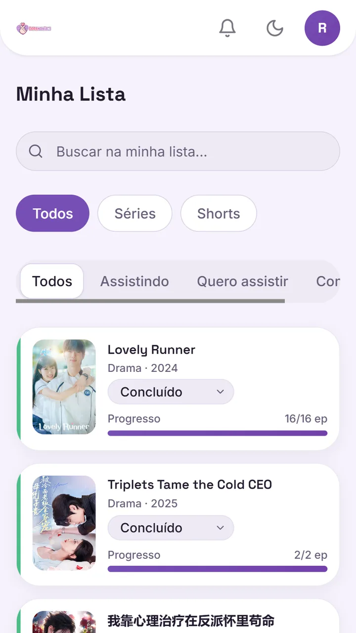 Tela Minha lista do Doramaniacs App, com doramas organizados por situação e progresso de episódios