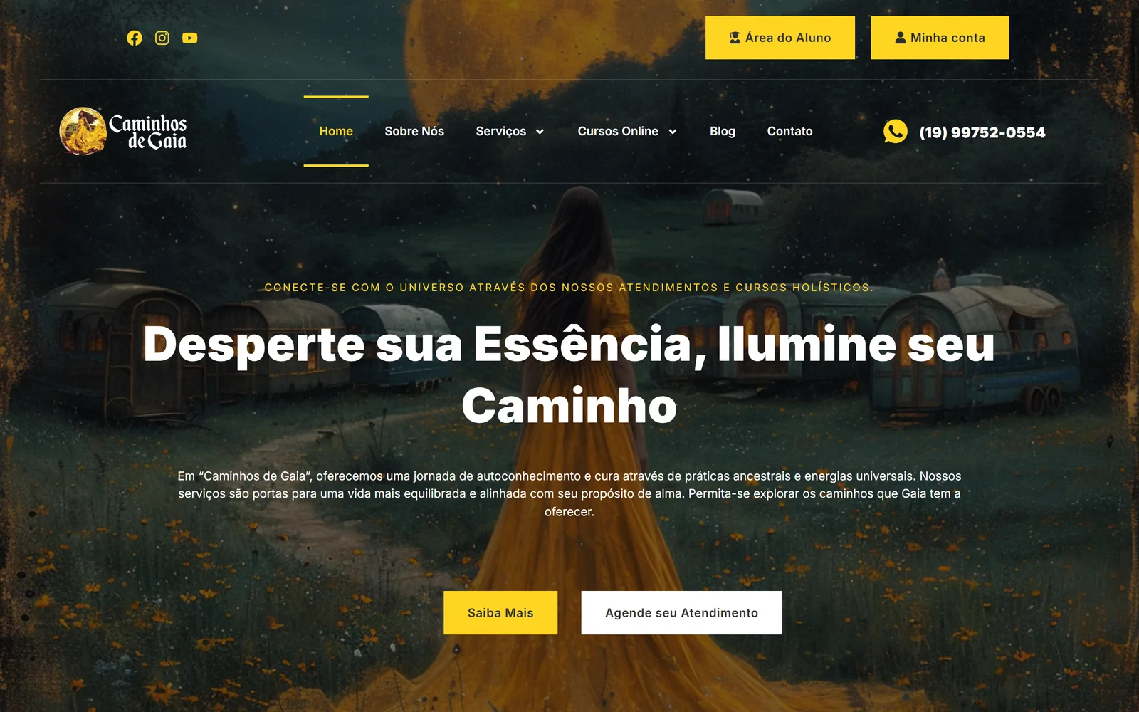 Site público do projeto Caminhos de Gaia, uma experiência educacional criada pela Webzoe: chamada, menu e acesso à área do aluno