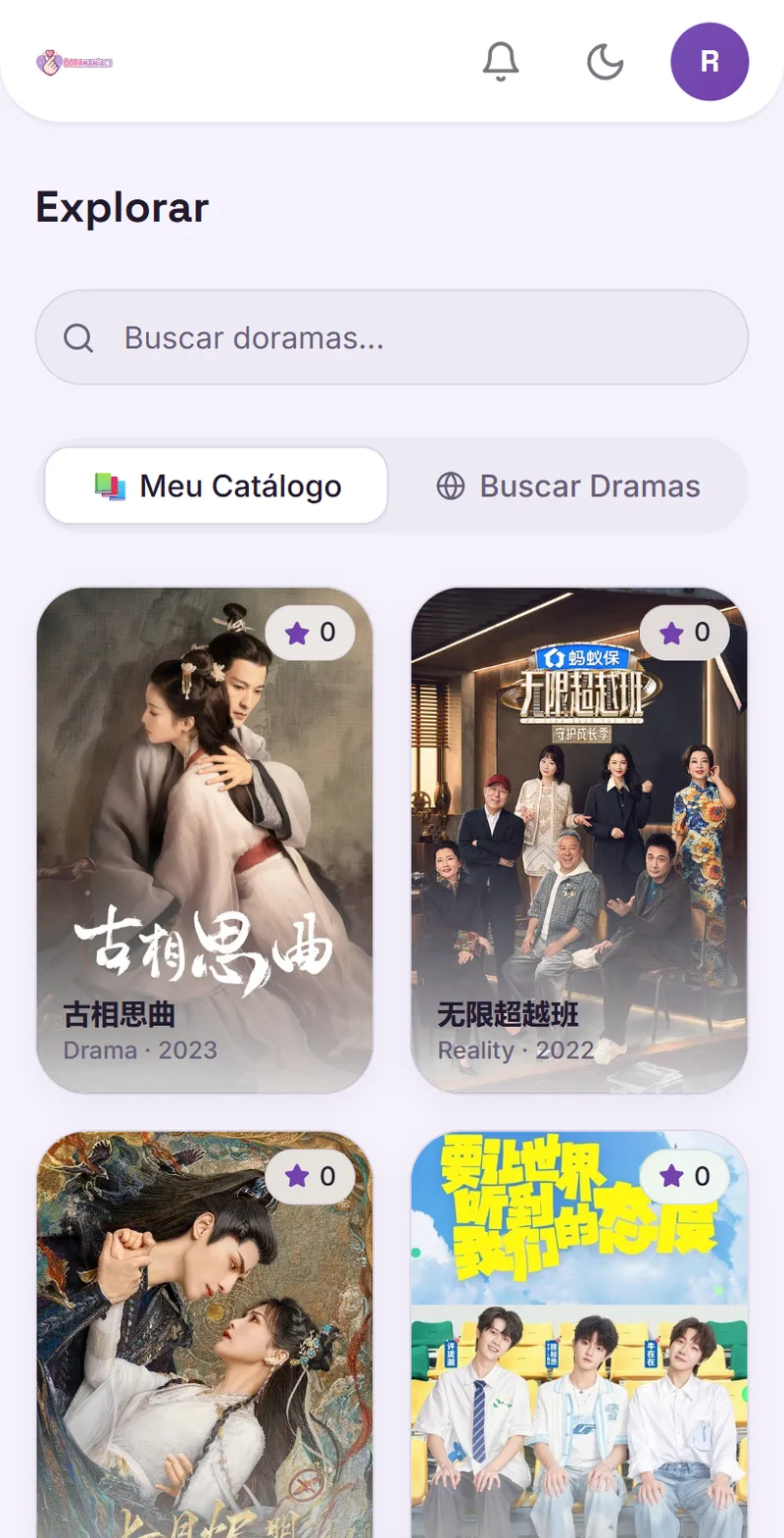 Tela Explorar do Doramaniacs App: busca de doramas e catálogo com capas e avaliações
