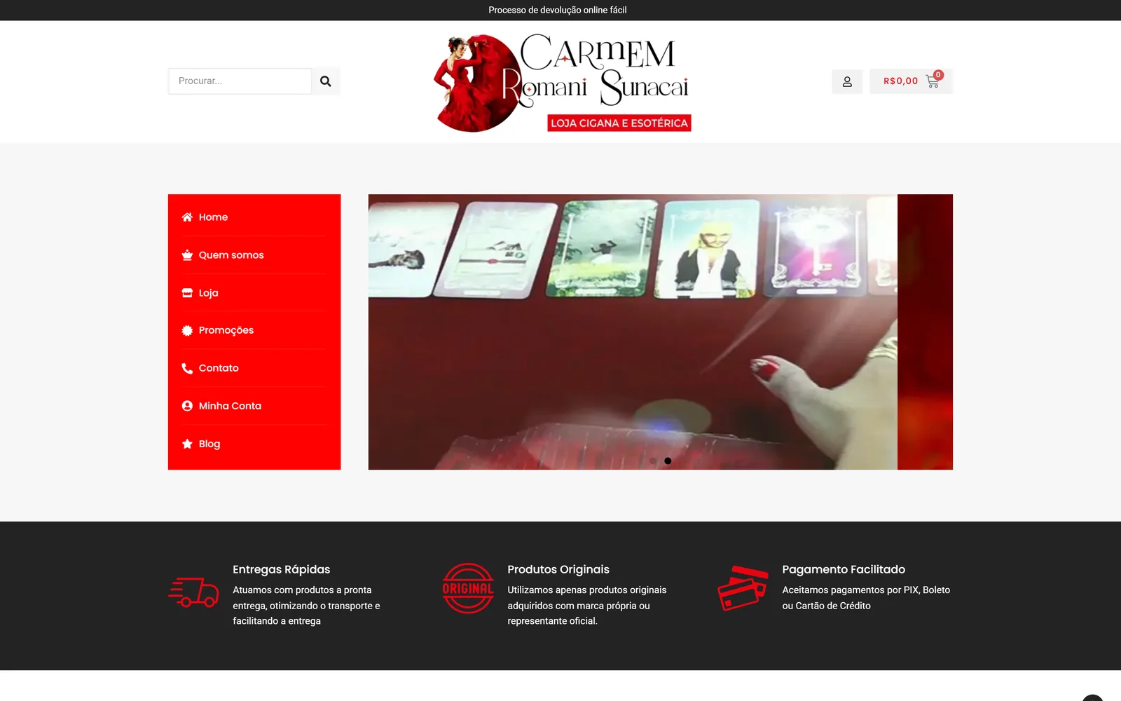 Loja virtual Carmem Romani: cabeçalho, menu de navegação e banner de produtos esotéricos