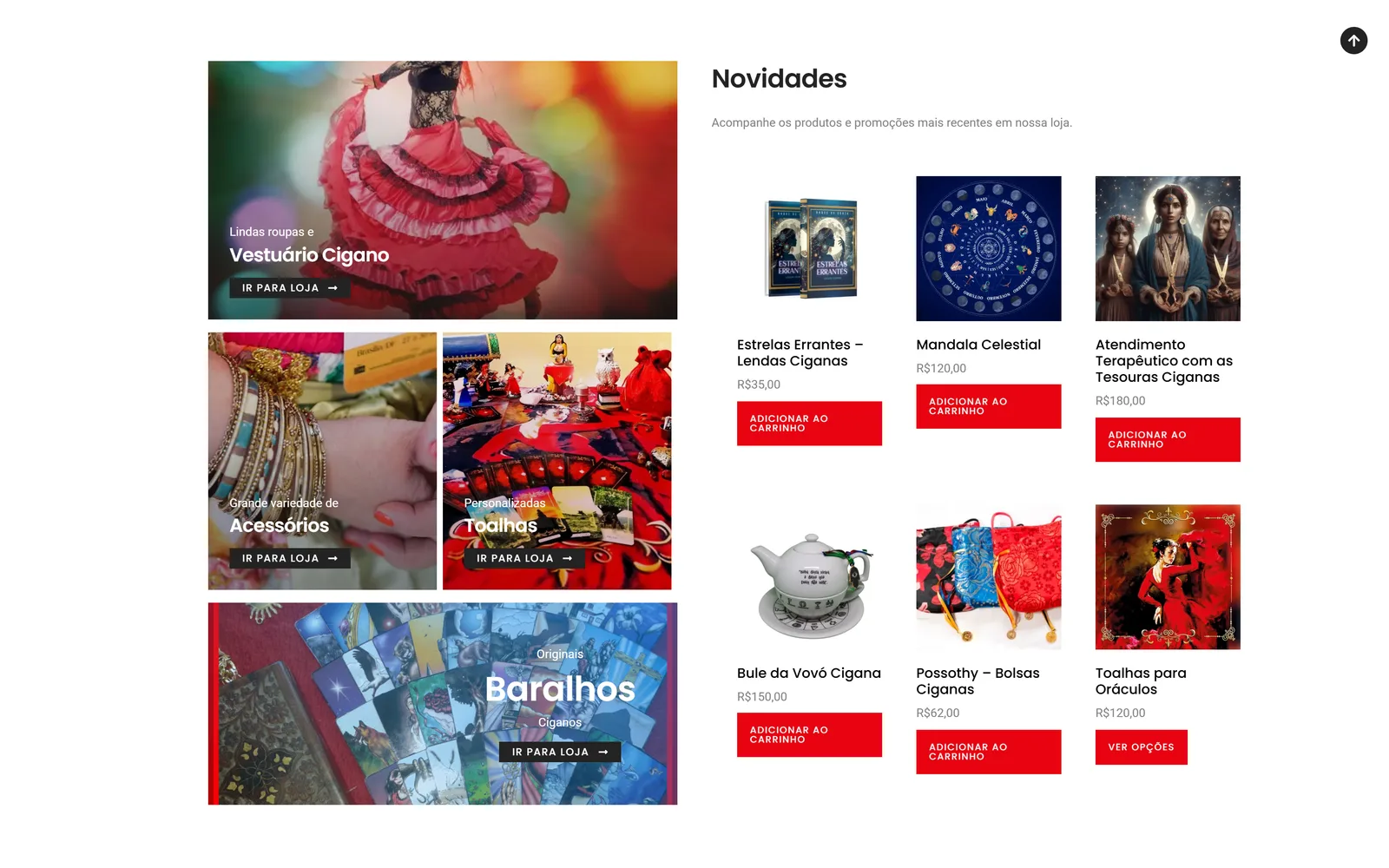Loja virtual Carmem Romani: seção de novidades, vitrine de categorias e produtos com preço